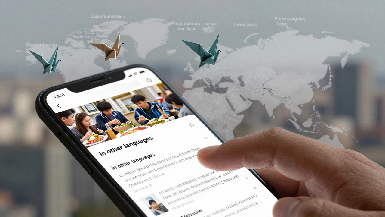 A hand scrolling on a mobile phone showing Wikipedia's language links, with translucent versions of the article appearing as floating icons.