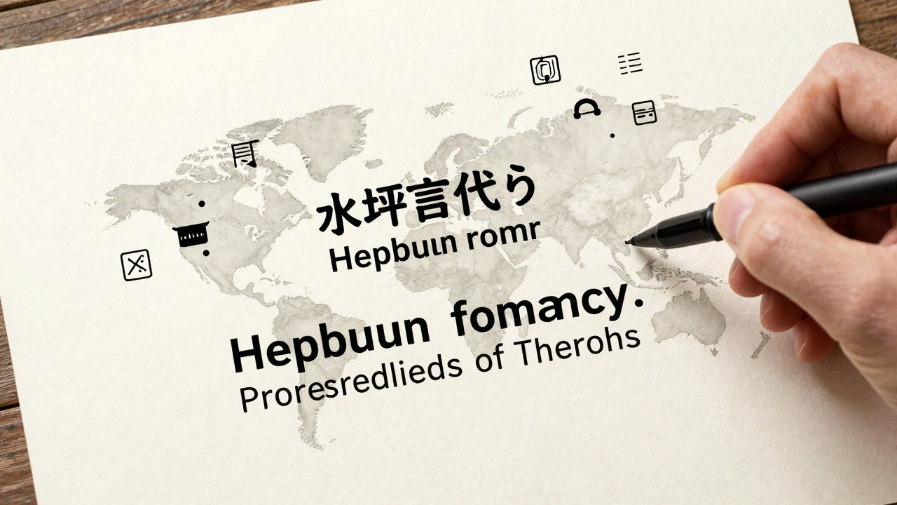 A handwritten Wikipedia citation showing Japanese text, Hepburn romanization, and English translation on parchment with tool icons nearby.