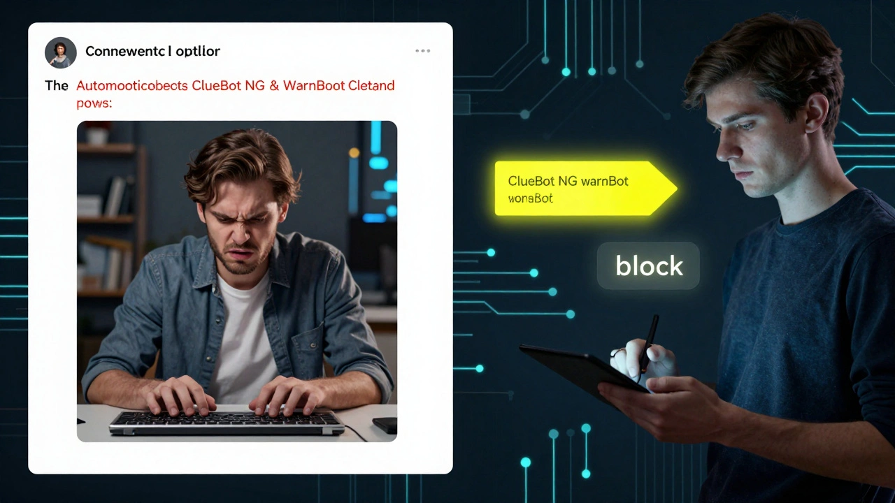 A hostile comment being flagged by automated bots while an administrator prepares to block the user.