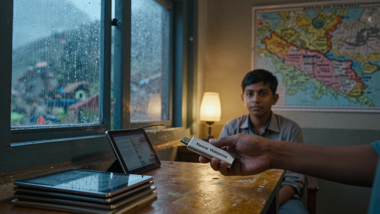 A librarian in Nepal hands a USB drive with Newar Wikipedia to a student, surrounded by low-cost tablets.