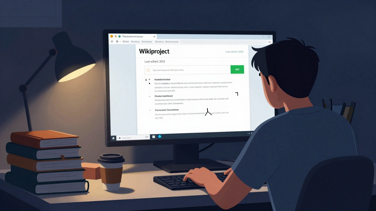 A lone editor at a desk, staring at an outdated WikiProject page with a single unclicked edit button.