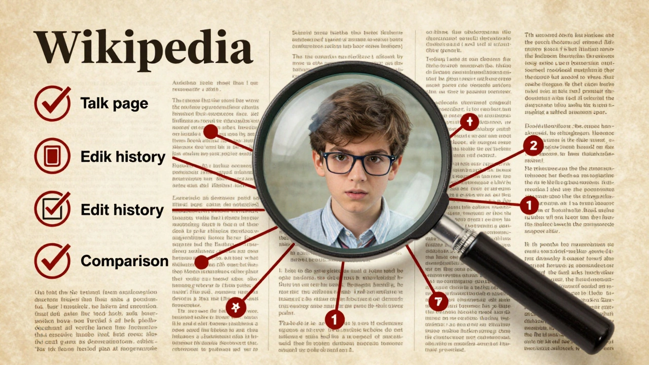 A magnifying glass reveals a network of credible sources behind a Wikipedia article.