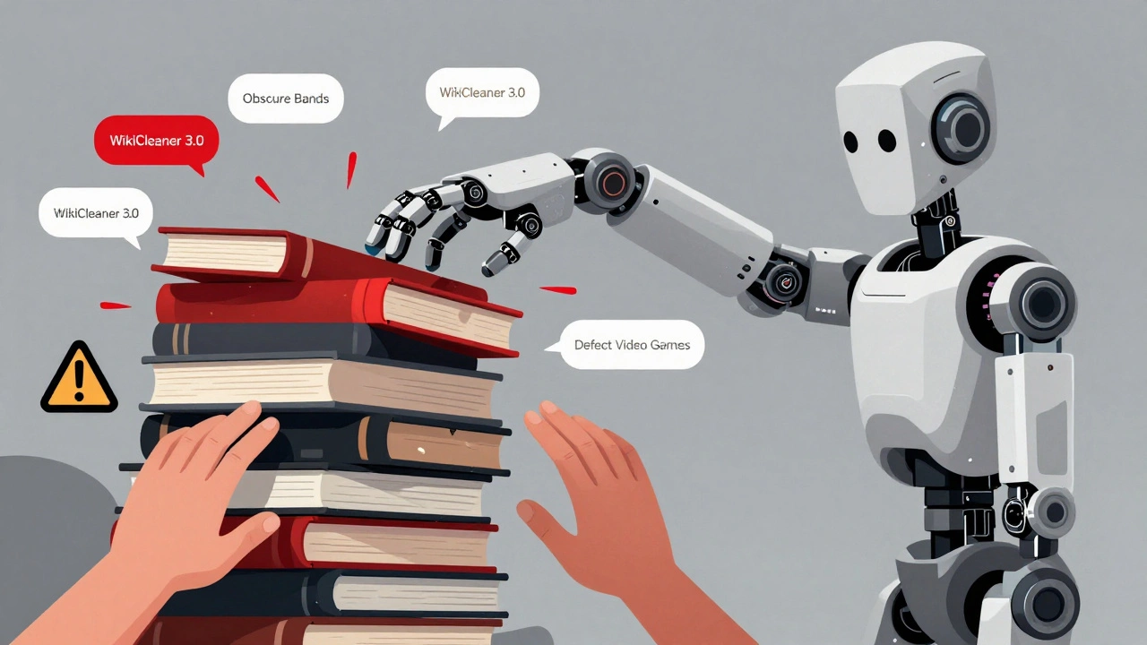 A mechanical bot arm attempting to delete cultural content, while human hands intervene to preserve it.