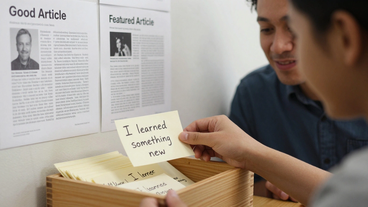 A mentor and new editor beside a box of handwritten notes about learning from Wikipedia.