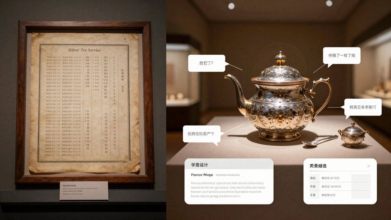 A museum artifact displayed with traditional cataloging on one side and linked digital data on the other.