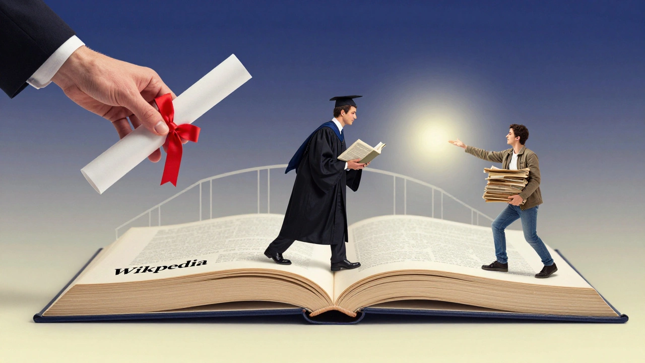 A PhD diploma transforming into a bridge between academic and non-academic editors sharing knowledge.