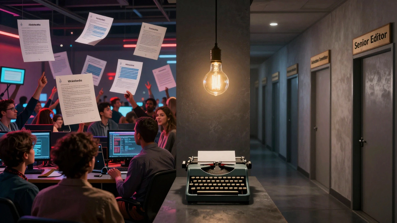 A split scene showing chaotic online editor debates on one side and an empty hallway of vanished community leaders on the other.