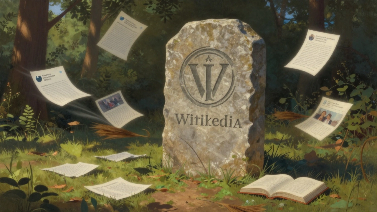 A stone Wikipedia tablet in a forest, with fading social media papers blown away by wind.