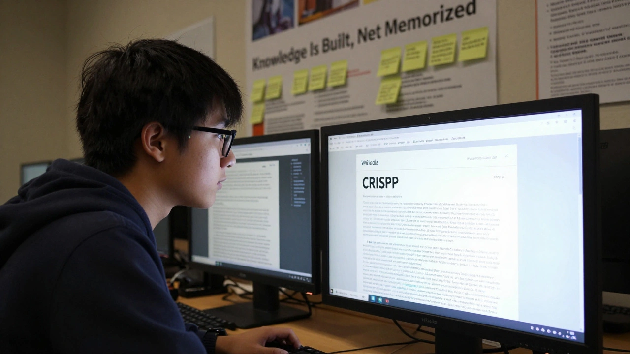 A student adding a properly sourced fact to a Wikipedia article, with a peer-reviewed journal open beside their screen.