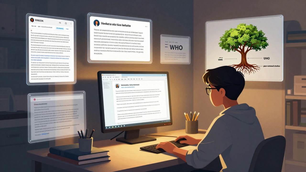 A student editor in a dorm room with floating Wikipedia edit panels and citations glowing around them.