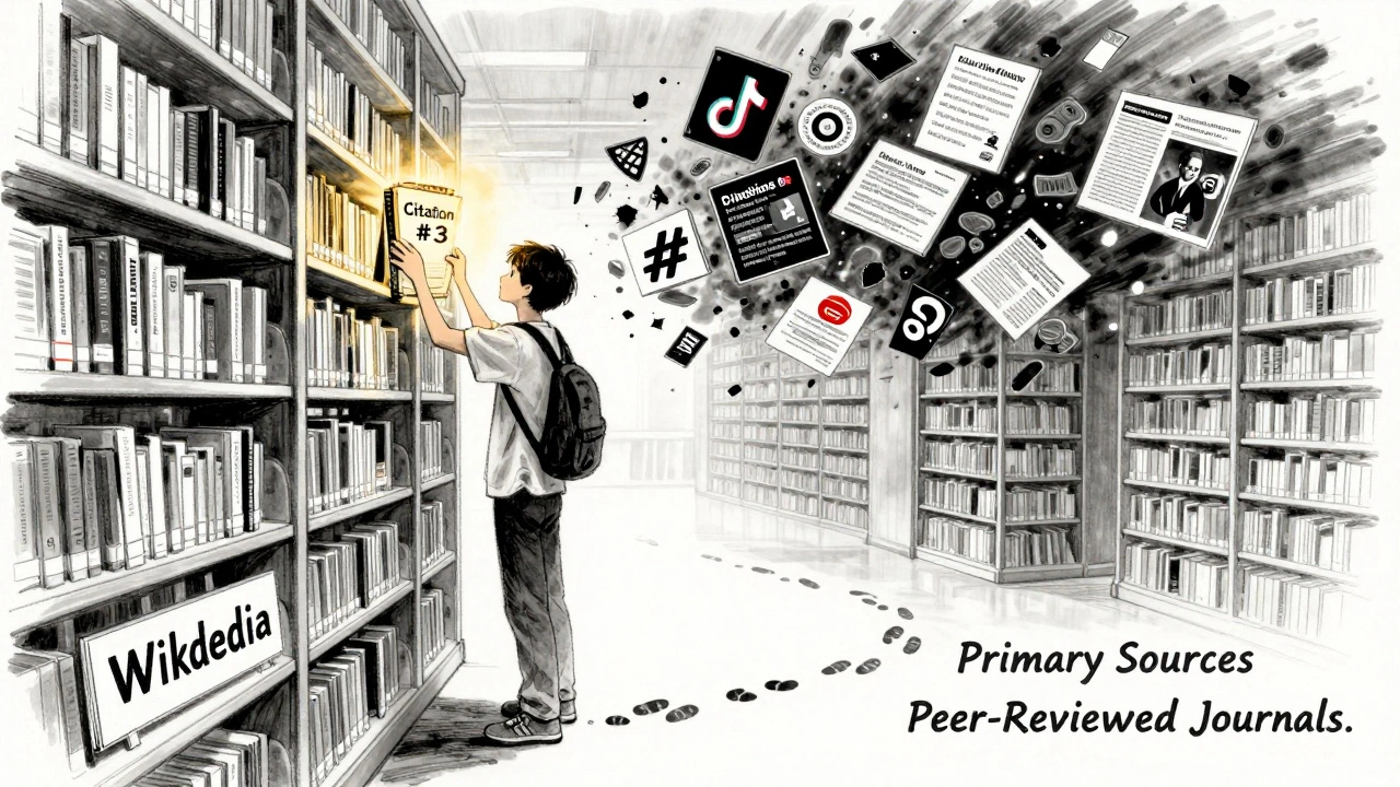 A student reaching from Wikipedia toward glowing primary sources in a conceptual library.