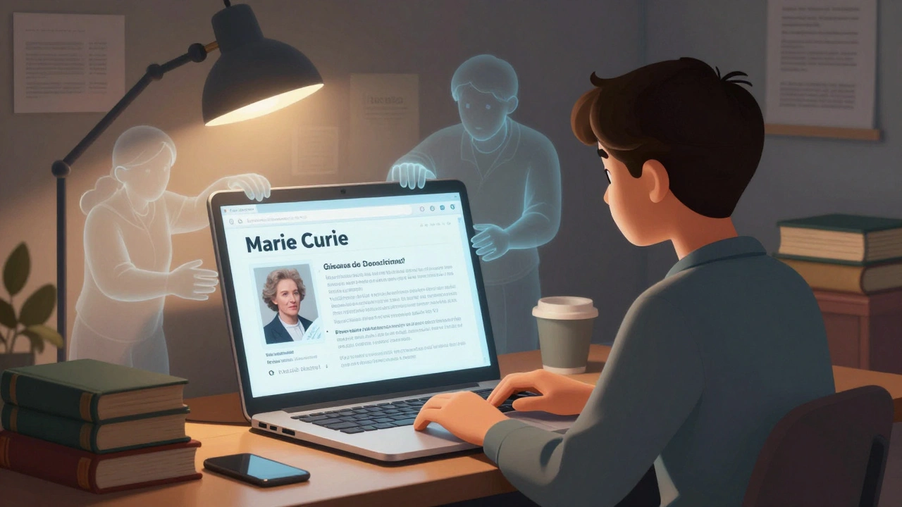 A student stares at a laptop showing false AI facts about Marie Curie, while ghostly editors reach out from old books behind the screen.