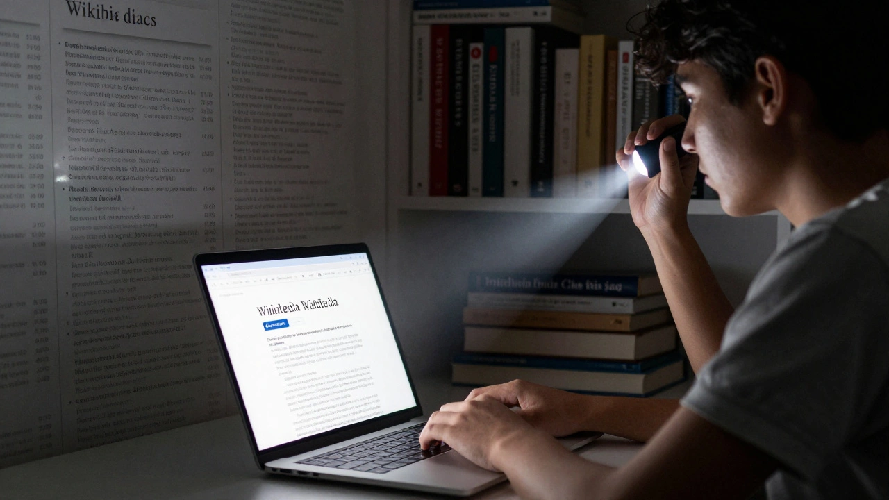A student uses Wikipedia as a flashlight to find credible academic sources in a room filled with books.
