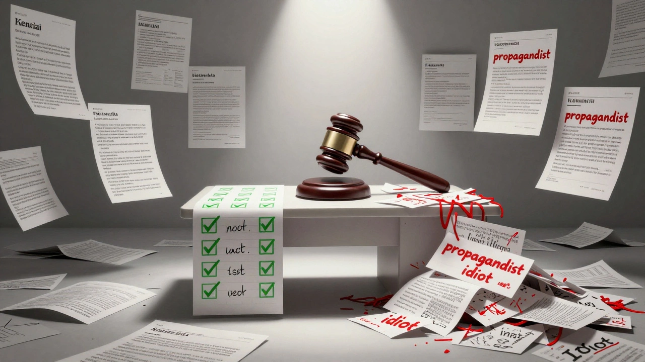 A surreal courtroom of Wikipedia edits, divided between respectful and hostile language under a spotlight.