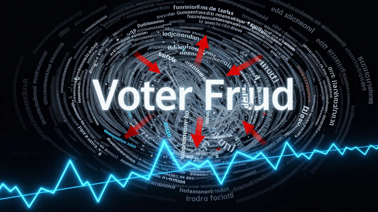 A swirling storm of edit fragments around a 'Voter Fraud' article, with red arrows showing coordinated edits.