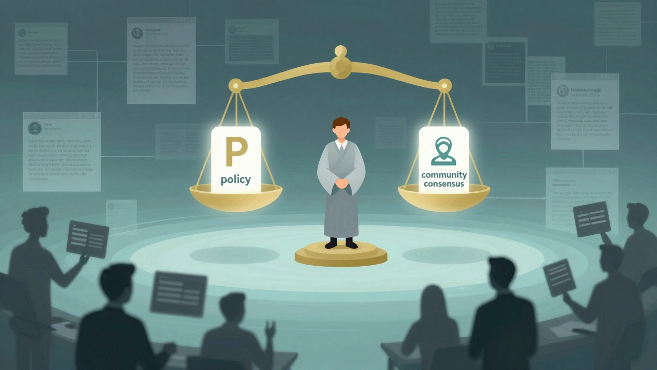 A symbolic digital scale balancing policy and community consensus above a sea of Wikipedia articles.