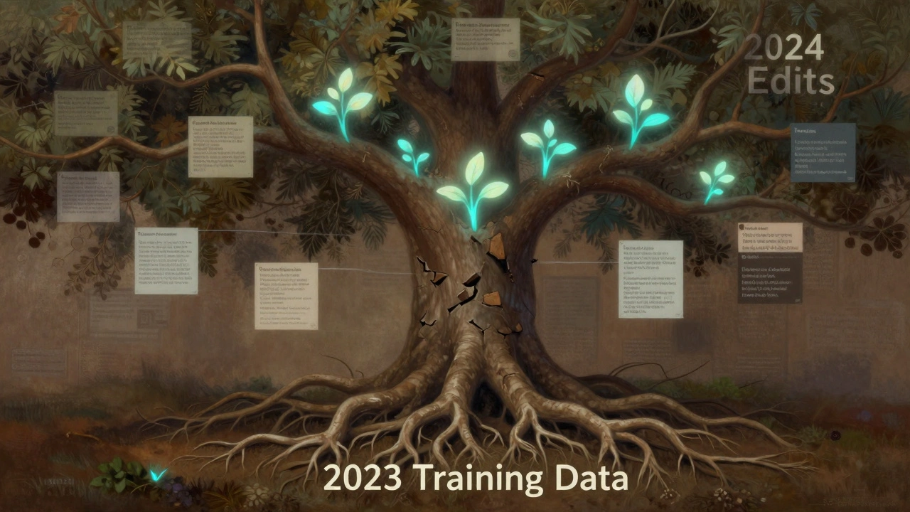 A symbolic living tree with crumbling old roots and glowing new branches representing evolving Wikipedia edits and citations.