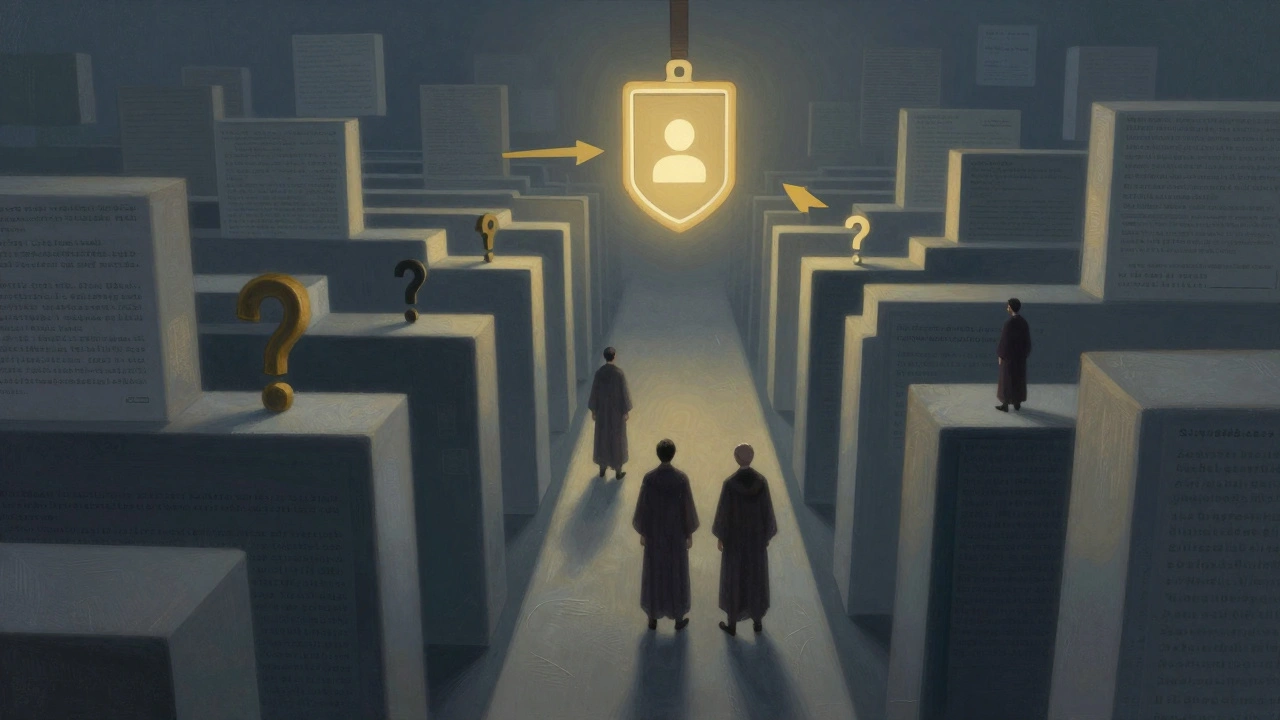 A symbolic path through Wikipedia edit histories leading to an admin badge, with new and experienced editors on opposite sides.