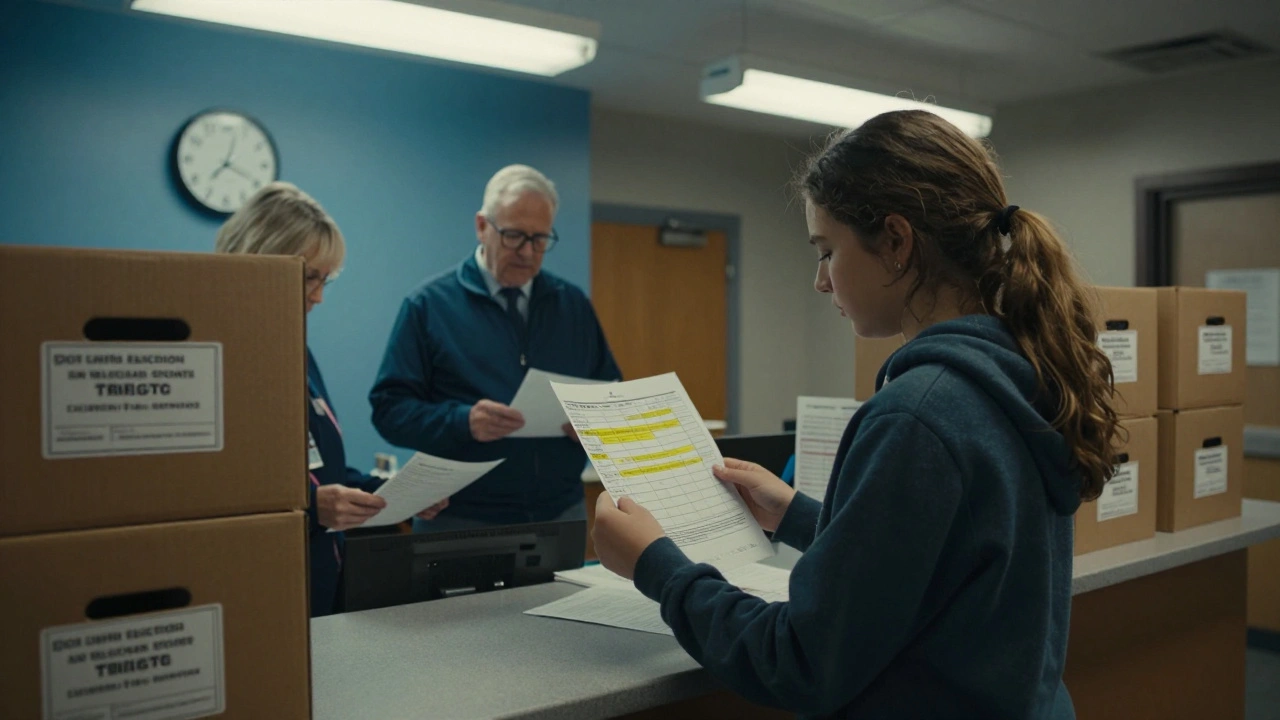 A teenage girl presenting election ballot discrepancies to retired officials in a quiet county office at night.