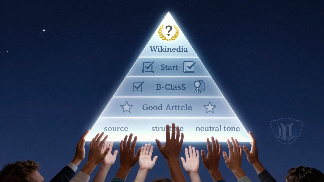 A transparent pyramid of Wikipedia quality classes with hands adding contributions, symbolizing collaborative improvement.