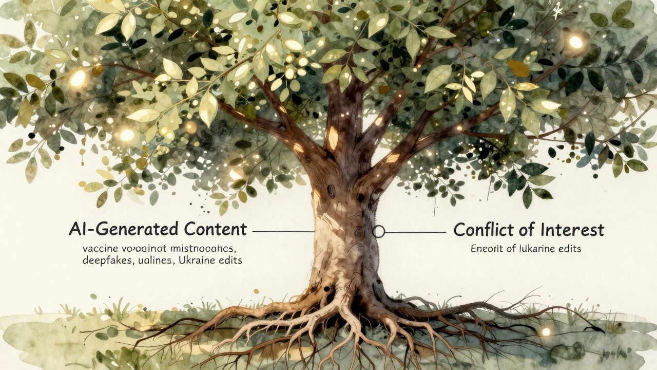 A tree with roots of edit logs and branches of evolving policies, each leaf representing real-world challenges like misinformation and deepfakes.