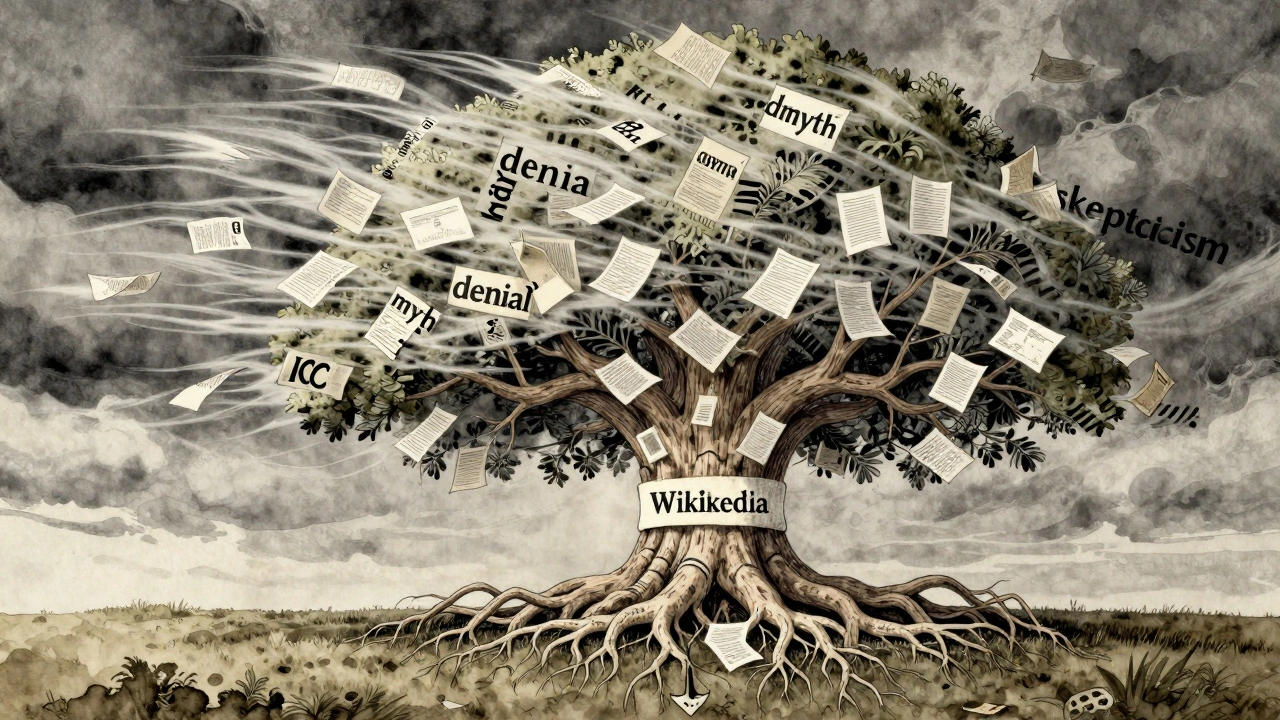 A tree with roots of scientific papers standing strong against wind carrying away climate denial words.