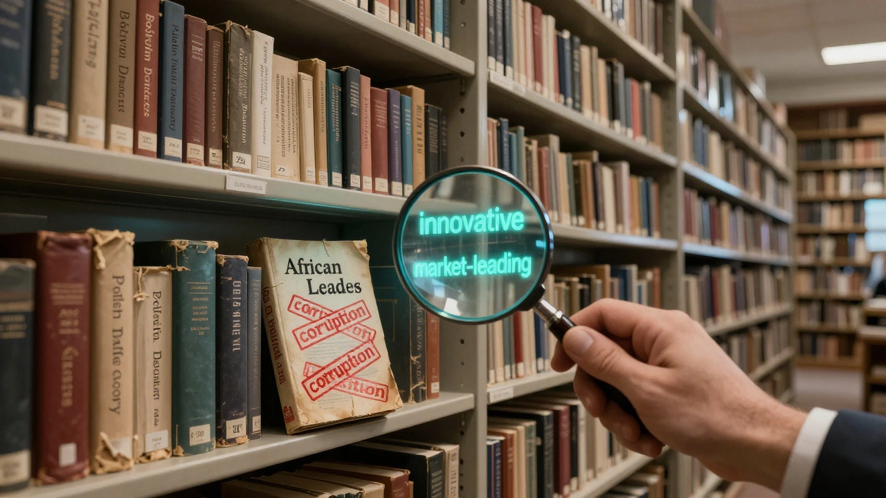 A vast library of AI-written articles, many crumbling, with biased terminology disproportionately affecting non-Western topics.