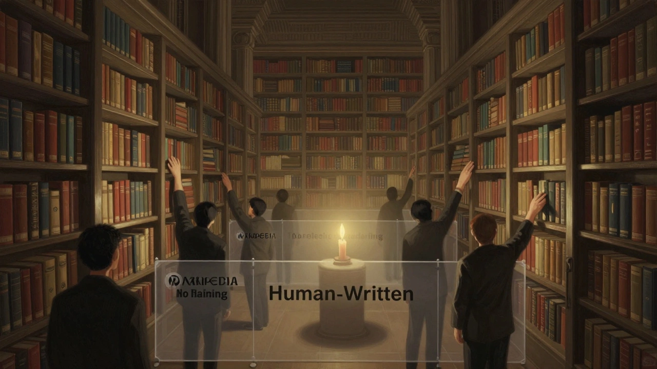 A vast library of Wikipedia knowledge maintained by global volunteers, with corporate AI blocked by a barrier.