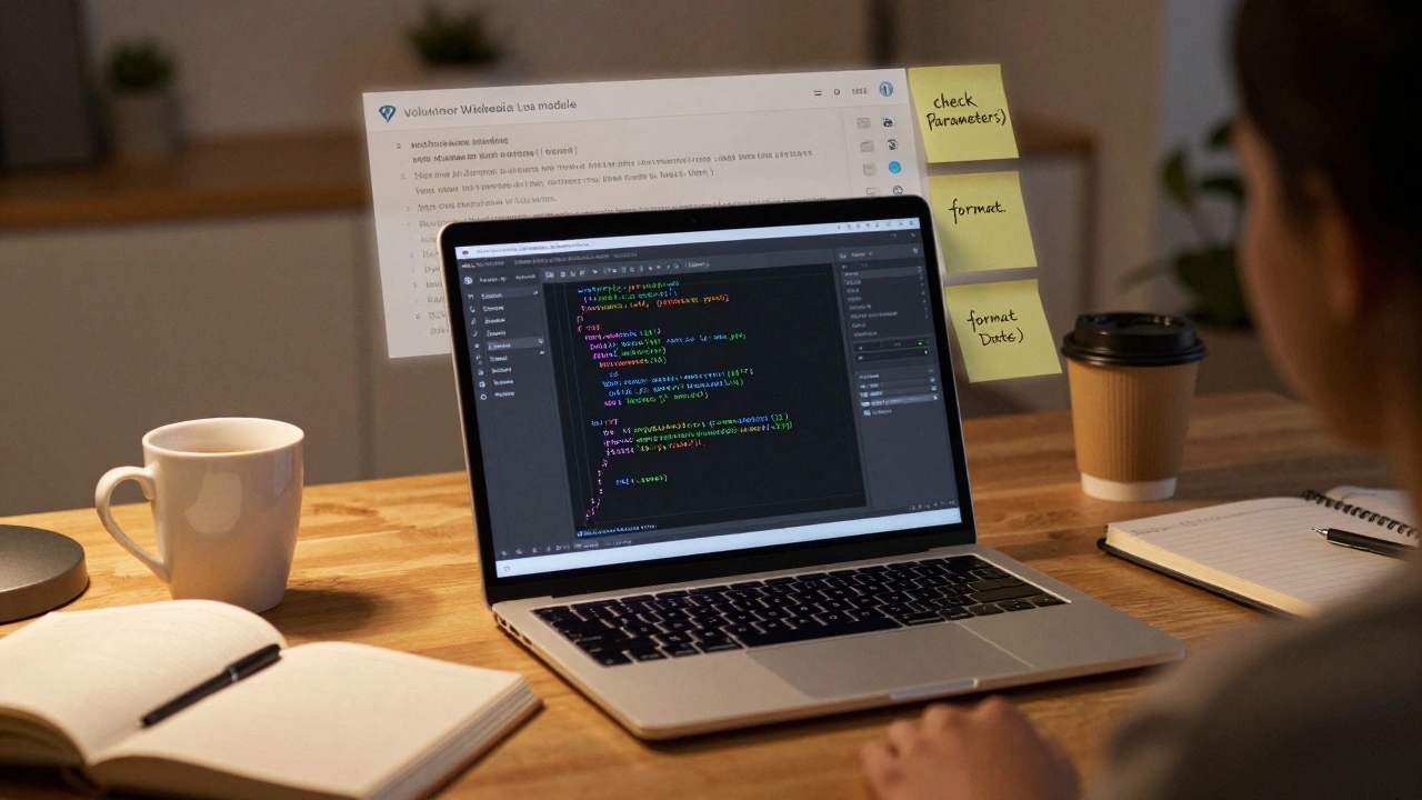 A volunteer editing a Lua module on a laptop at night with notebooks and coffee nearby.