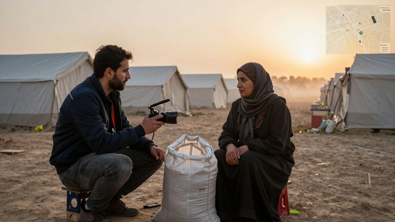 A volunteer journalist recording an audio interview with a woman in a refugee camp beside an empty food sack at dawn.
