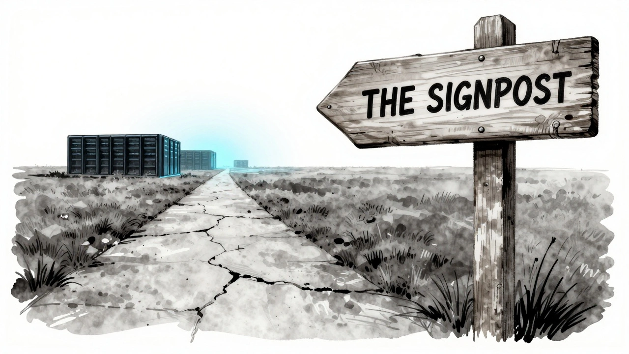 A weathered wooden signpost in a digital landscape pointing toward distant server lights, rendered in monochrome watercolor.