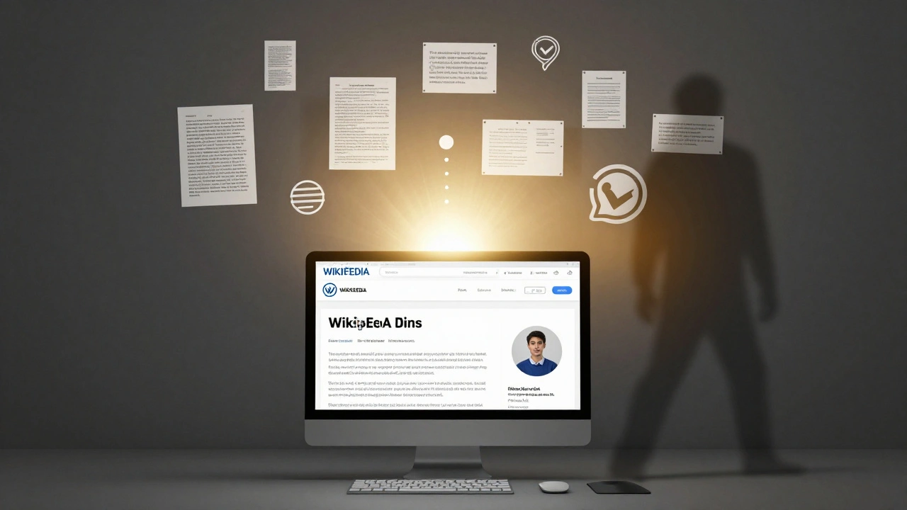 A Wikipedia article rising from a screen with academic citations and peer review icons glowing around it.