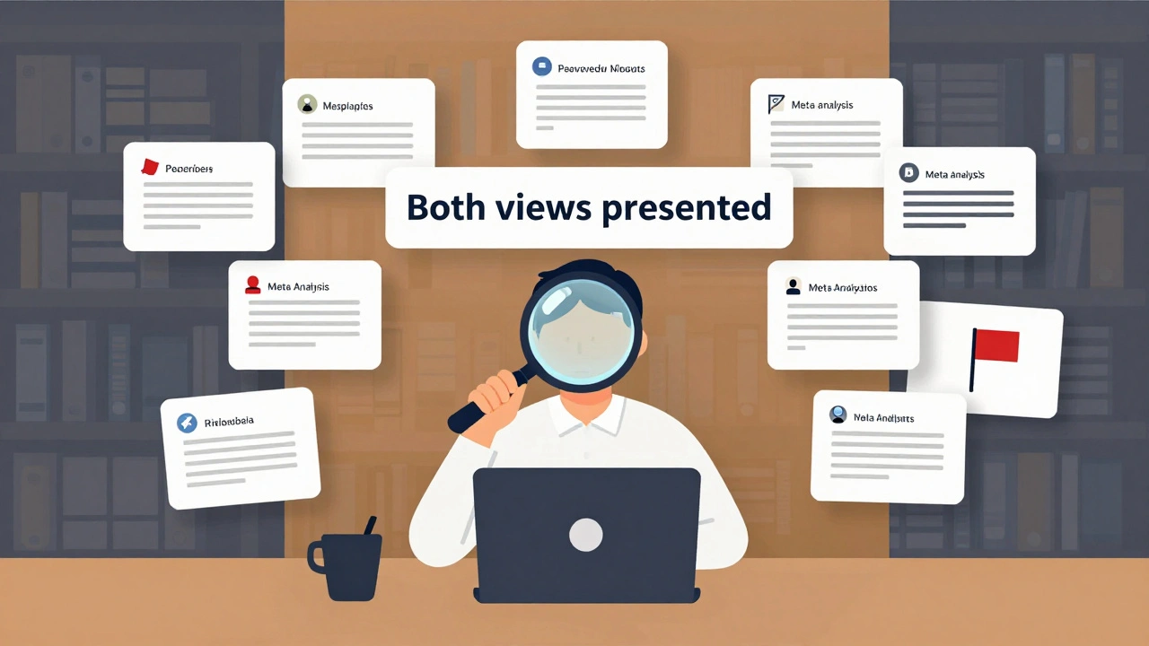 A Wikipedia editor surrounded by floating citations and meta-analysis reports, with a magnifying glass highlighting balanced text.