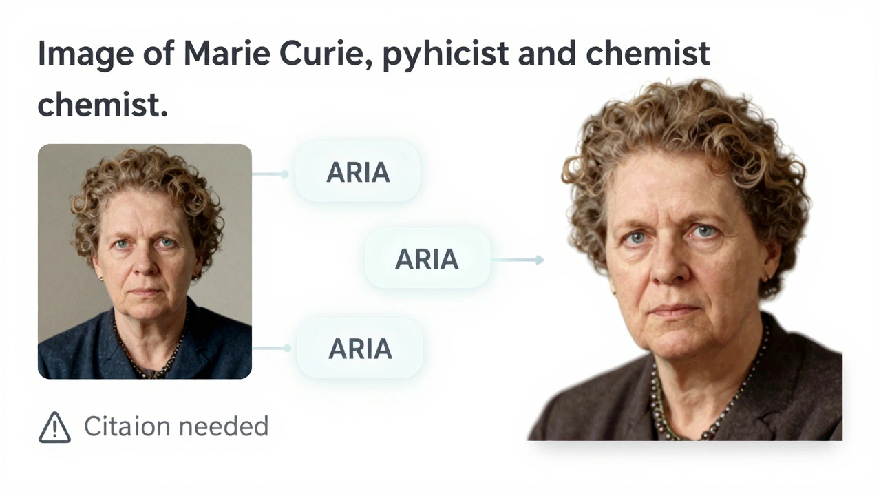 A Wikipedia infobox with an image of Marie Curie and a descriptive caption, linked by invisible ARIA labels, on a clean white page.