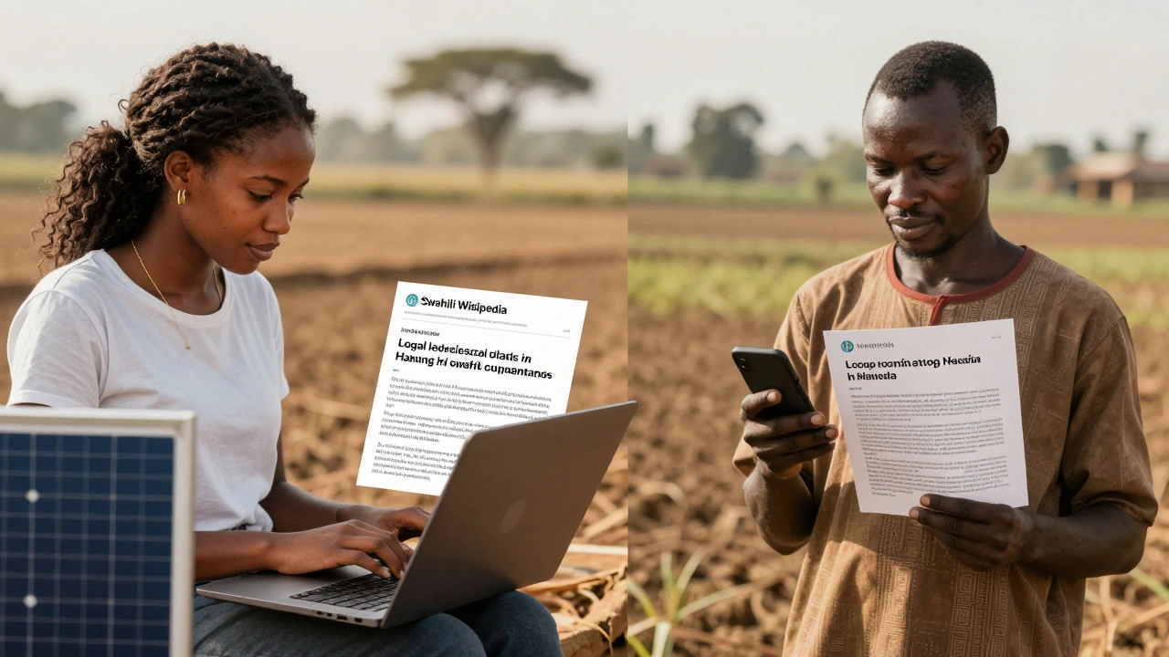 A woman editing Swahili Wikipedia under solar power while a farmer in Nigeria reads a sparse article on his phone, highlighting digital knowledge inequality.