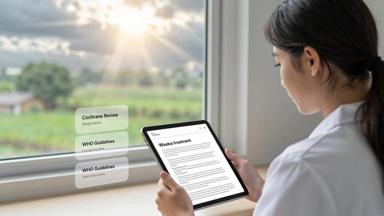 A woman in a rural clinic reading a Wikipedia medical page with visible citations to Cochrane and WHO sources on her tablet.