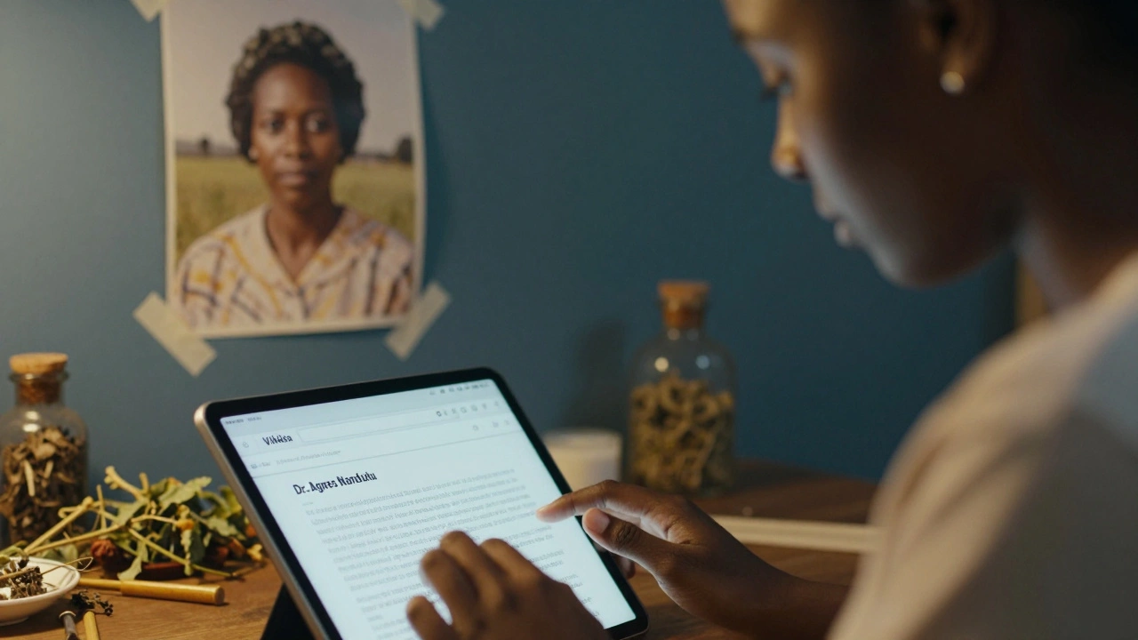 A woman in Nairobi viewing a newly created Wikipedia article about a Ugandan health researcher, with cultural items in the background.