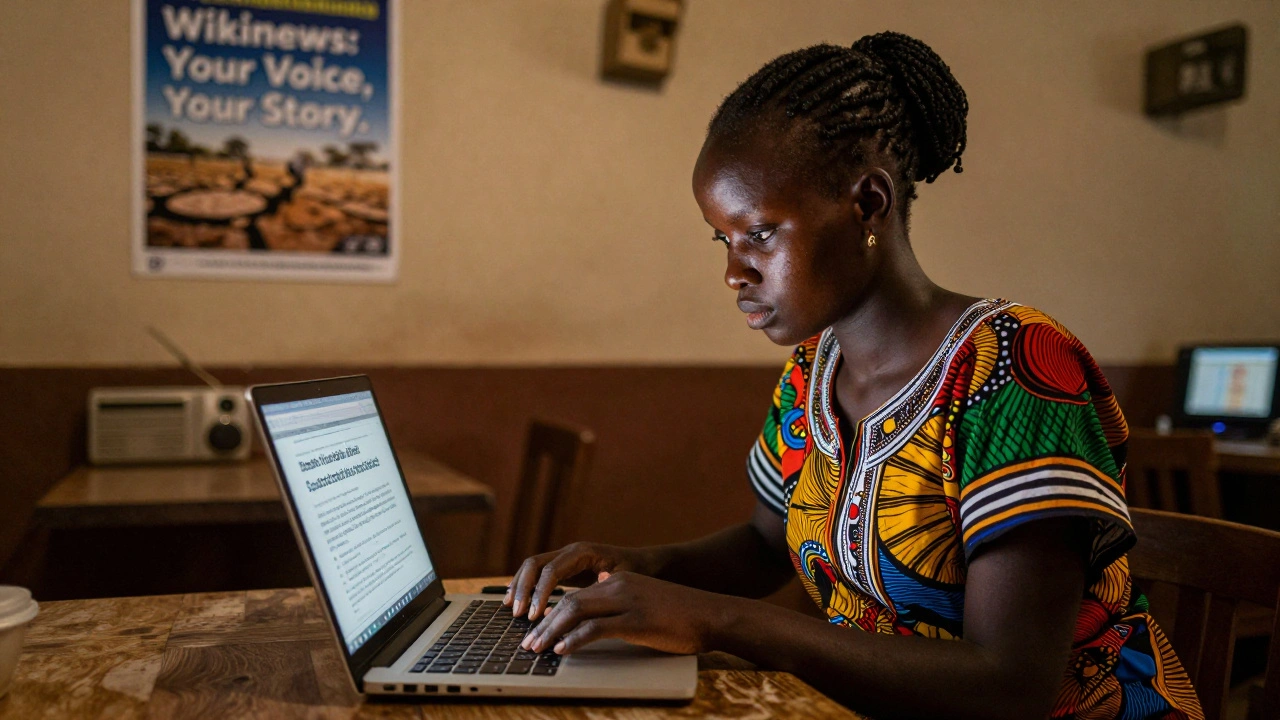 A young woman in rural Kenya typing a Swahili Wikinews article in a dim internet cafe, with a radio playing in the background and warm lighting highlighting her focus.