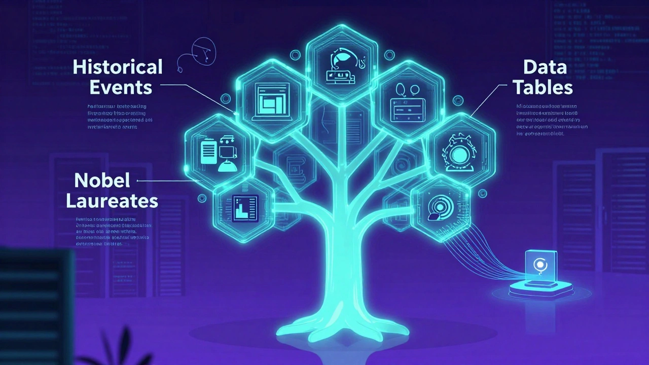 Abstract knowledge tree emitting machine-readable metadata to an AI search engine.