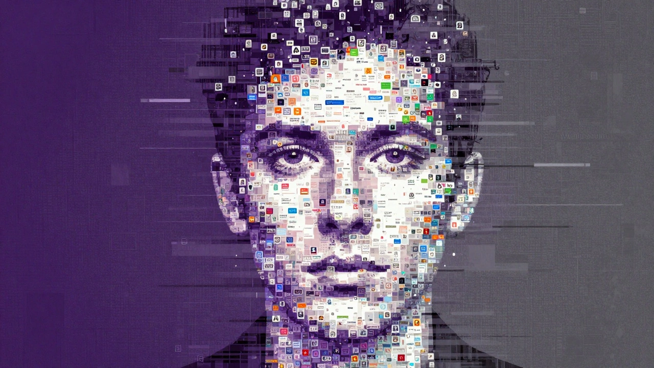 An abstract representation of Wikipedia edit patterns forming and dissolving into a face.