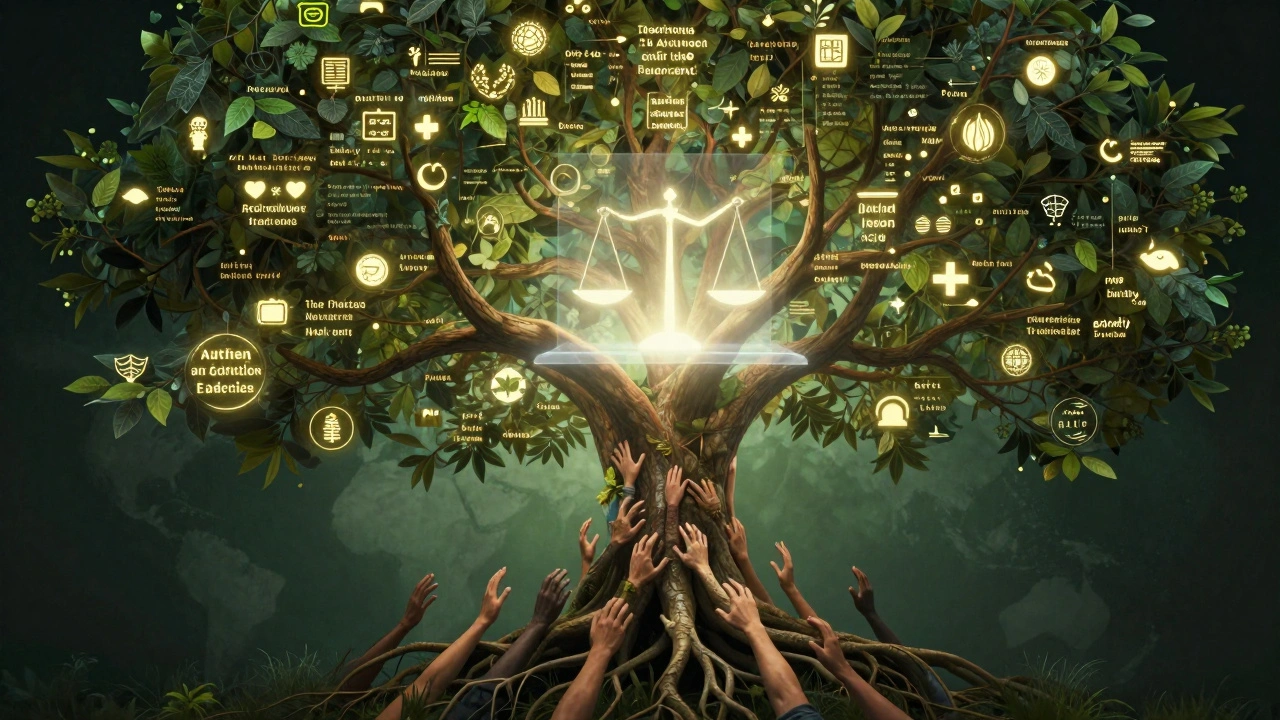 An abstract tree with roots from diverse hands and a jury panel glowing at its center, symbolizing inclusive knowledge.