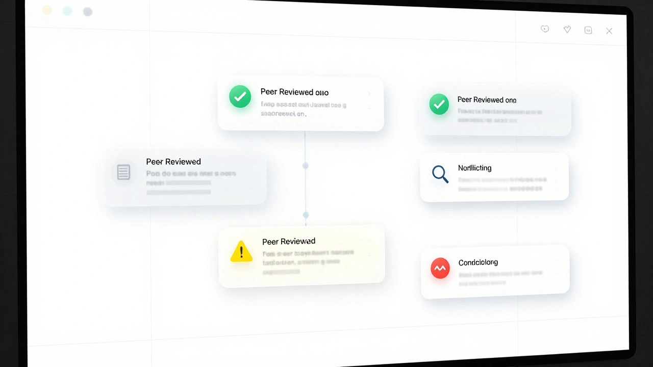An AI editing interface with color-coded badges indicating source reliability: green for peer-reviewed, yellow for news, red for conflicting claims.