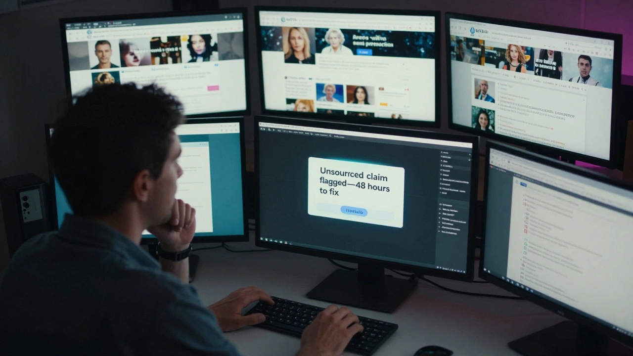 An editor in a dim room confronted by a bot flag notification, surrounded by monitors showing protected and vulnerable biographies.
