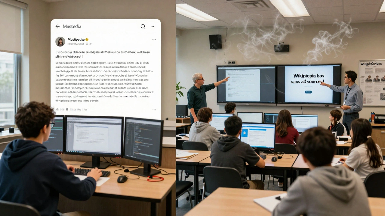 An editor sharing a tool on Mastodon while students use it in class, surrounded by misinformation.