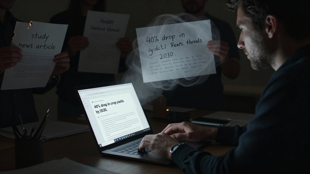 An editor typing a false statistic on Wikipedia, surrounded by fragmented source materials as ghostly shadows behind them.