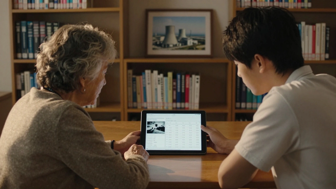 An elderly woman and a student reviewing the Fukushima disaster page on a tablet, with revision history visible, in a quiet library at dusk.
