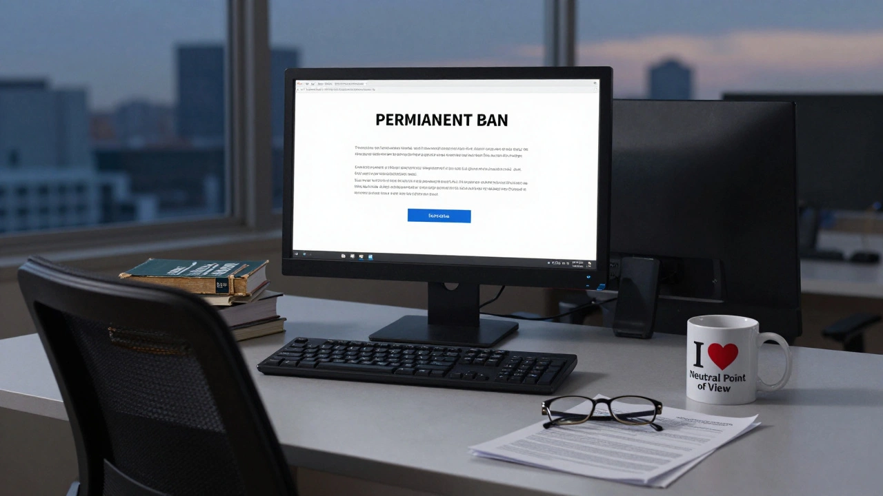 An empty administrator's chair with a permanent ban notice glowing on a monitor, symbolizing lost trust.