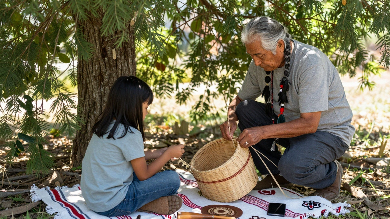 An Indigenous Elder teaching a child to weave a basket under a tree, with a smartphone nearby, sunlight filtering through leaves.