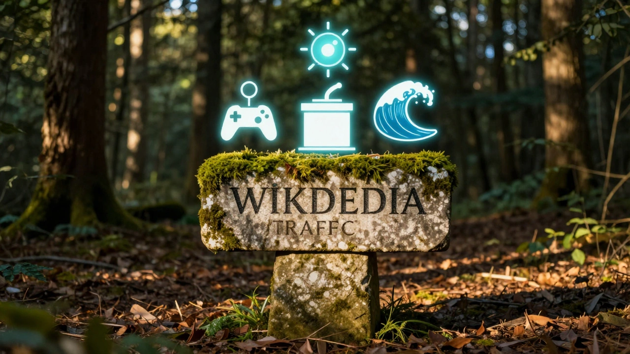 An old stone signpost in a forest with floating digital icons representing viral Wikipedia topics like earthquakes and video games.