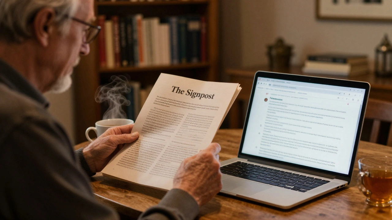 An older editor reading The Signpost printed paper while watching Reddit comments on a laptop in a cozy home.